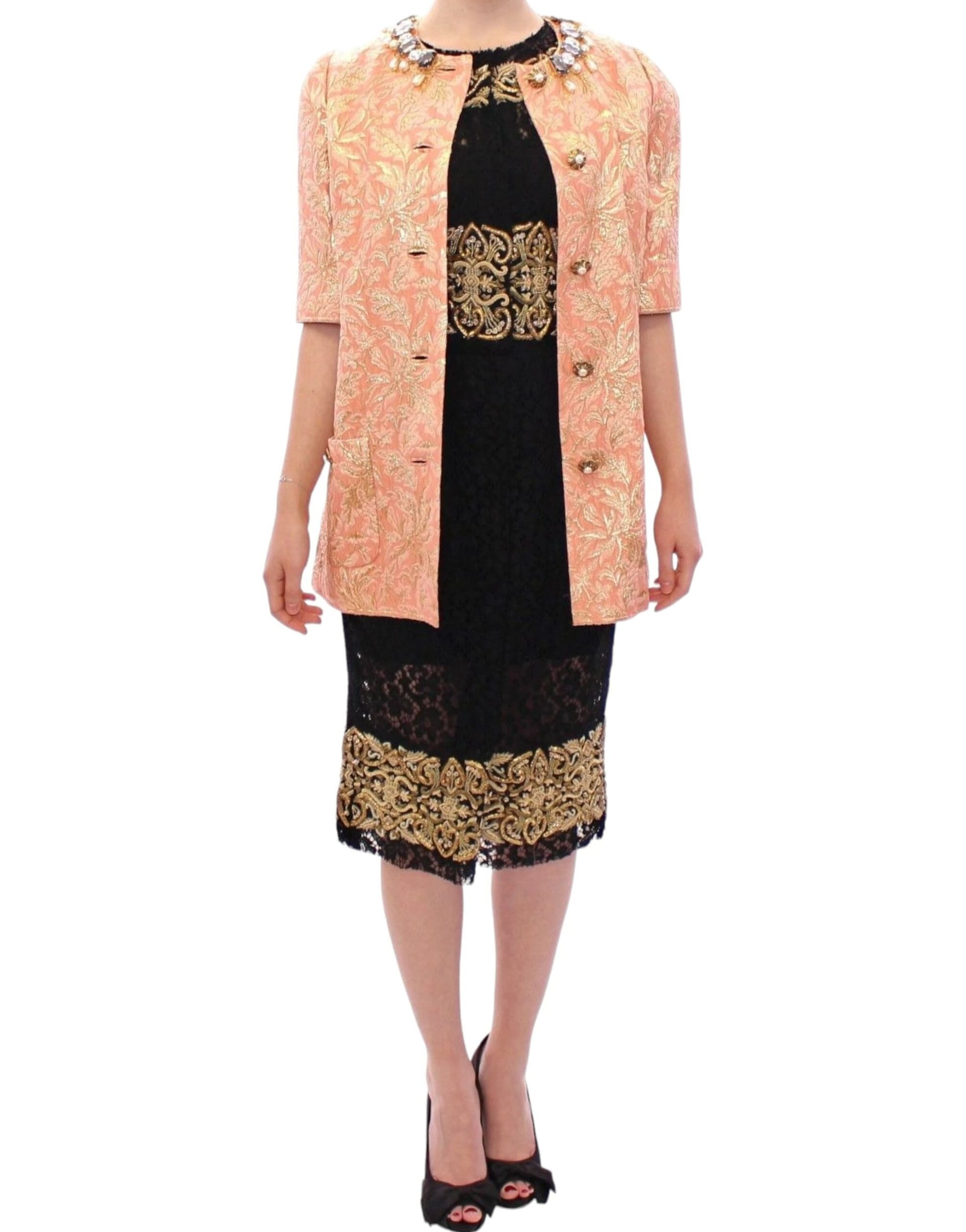 Pink Silk Brocade Crystal Jacket Coat - 5