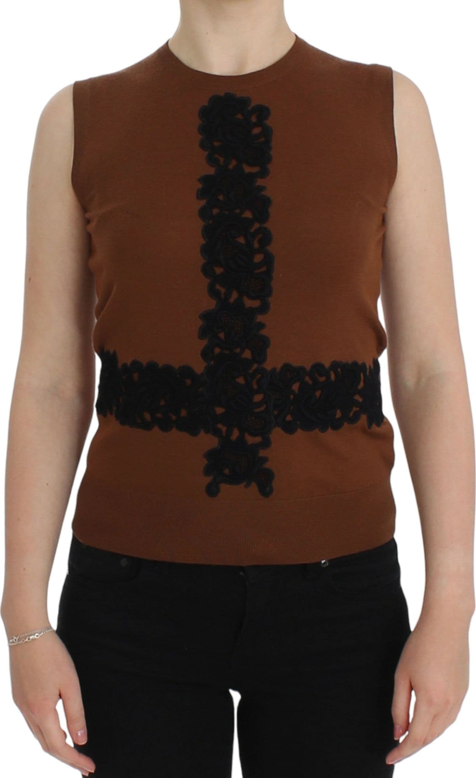 Brown Wool Black Lace Vest Sweater Top