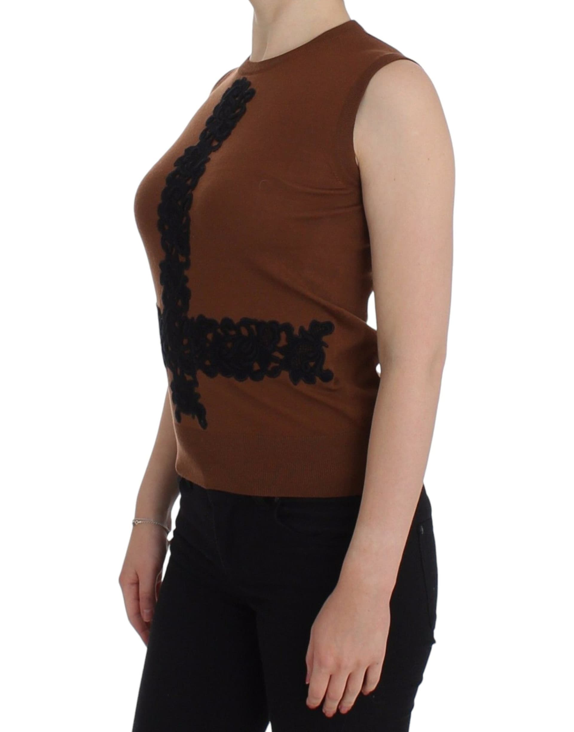Brown Wool Black Lace Vest Sweater Top - 2