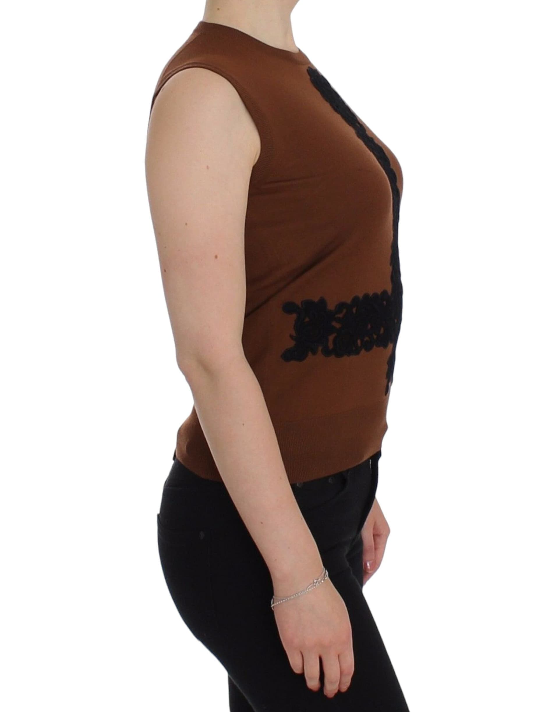 Brown Wool Black Lace Vest Sweater Top - 3