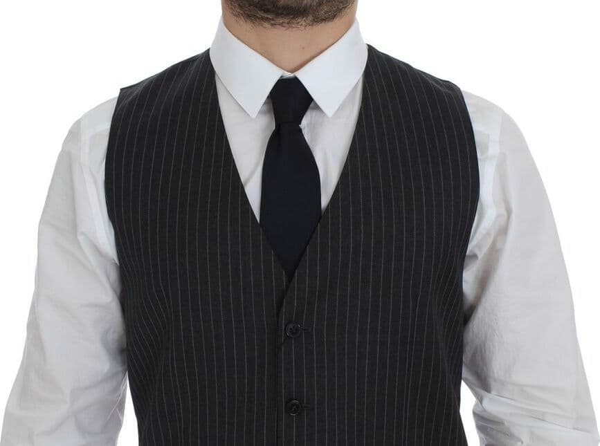 Gray Striped Wool Single Breasted Vest - 7