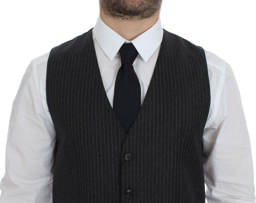 Gray Striped Wool Single Breasted Vest - 6