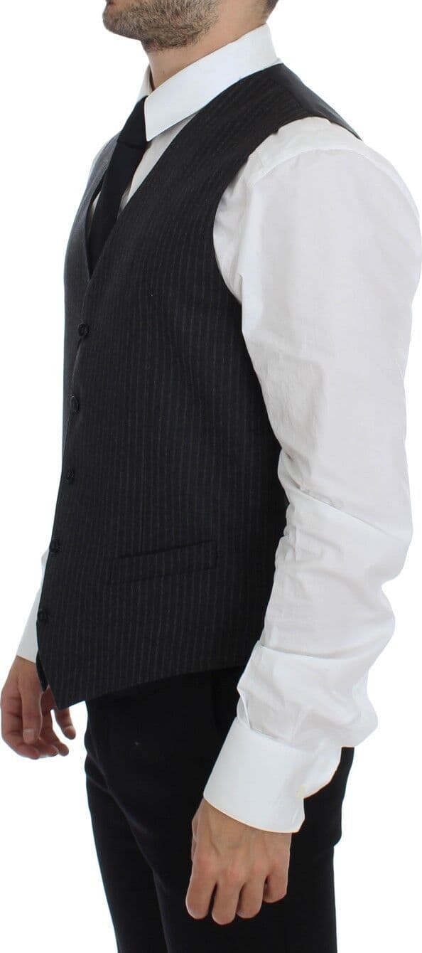 Gray Striped Wool Single Breasted Vest - 8