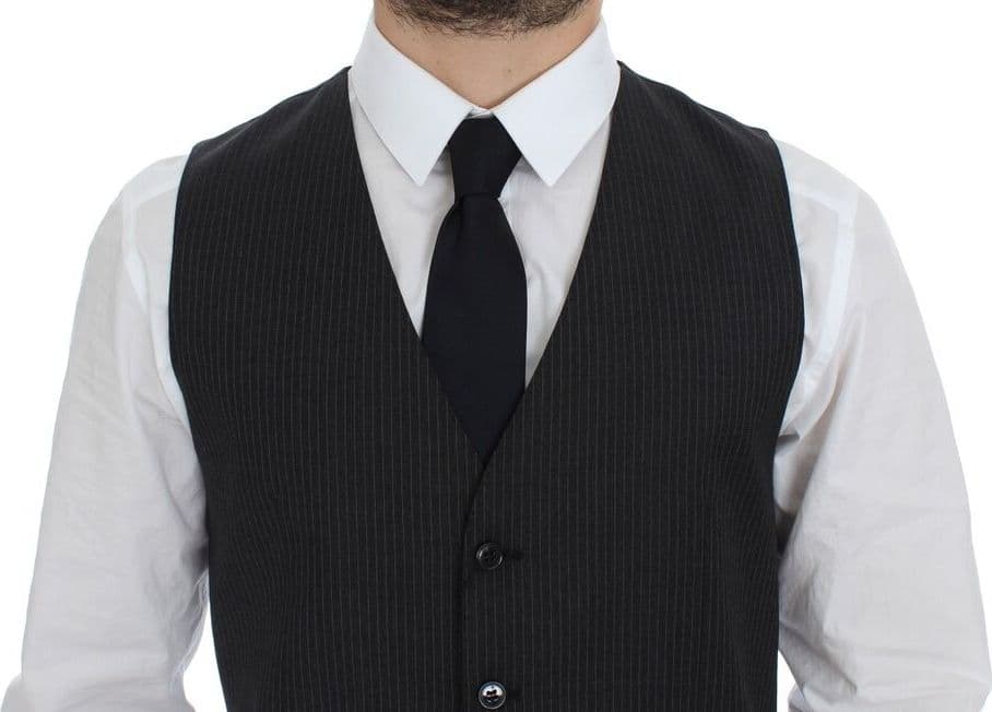 Gray Striped Wool Single Breasted Vest - 2