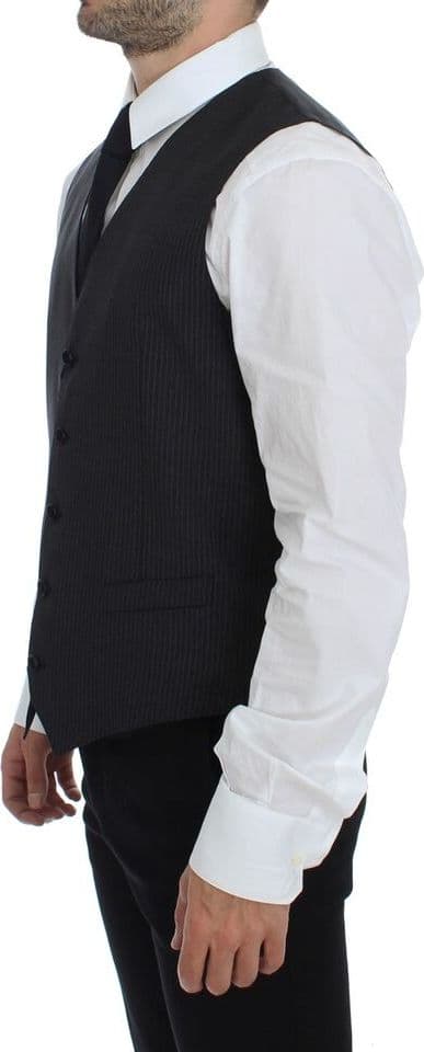 Gray Striped Wool Single Breasted Vest - 5