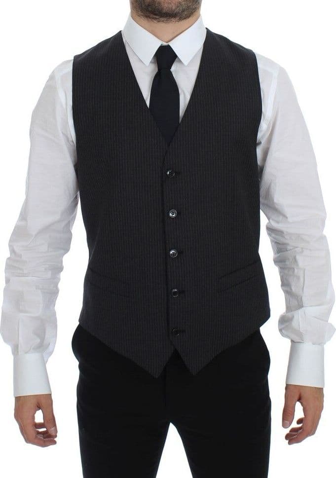 Gray Striped Wool Single Breasted Vest - 6