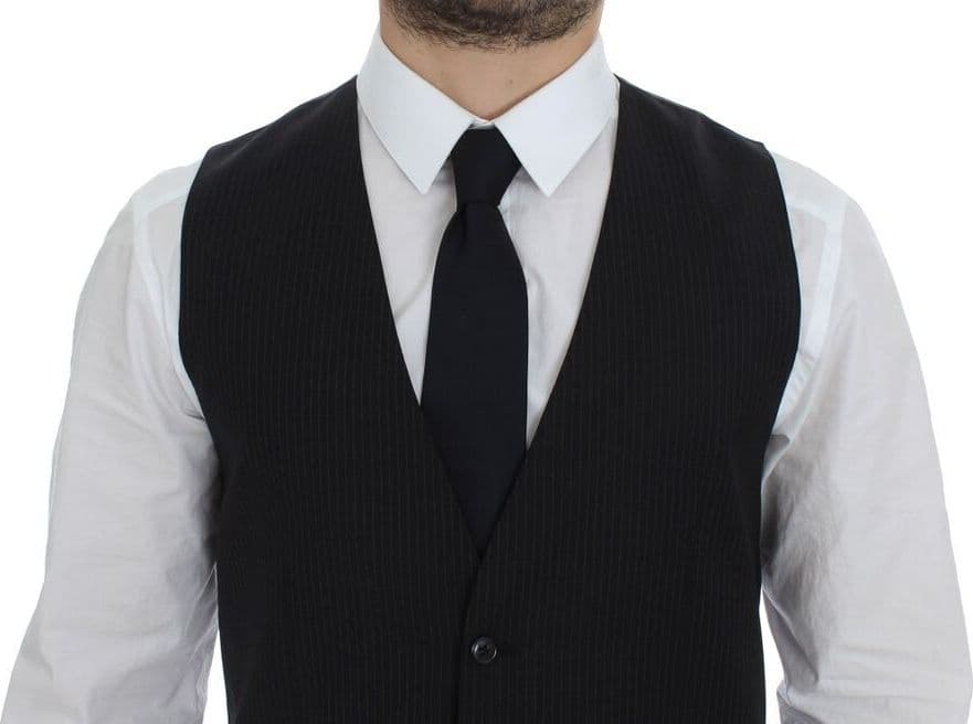 Black Striped Wool Single Breasted Vest - 2