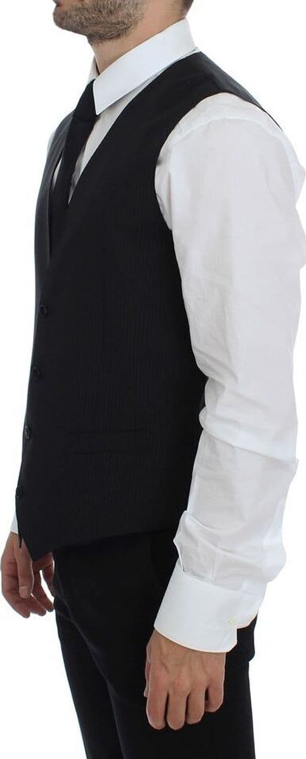 Black Striped Wool Single Breasted Vest - 5