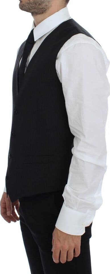 Black Striped Wool Single Breasted Vest - 5