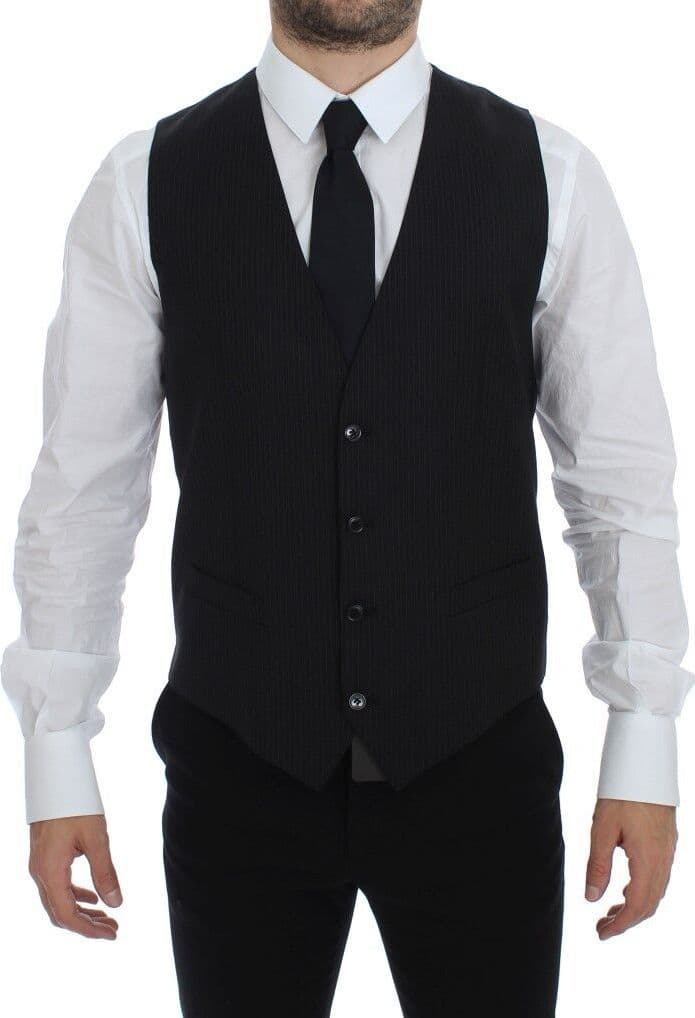 Black Striped Wool Single Breasted Vest - 6