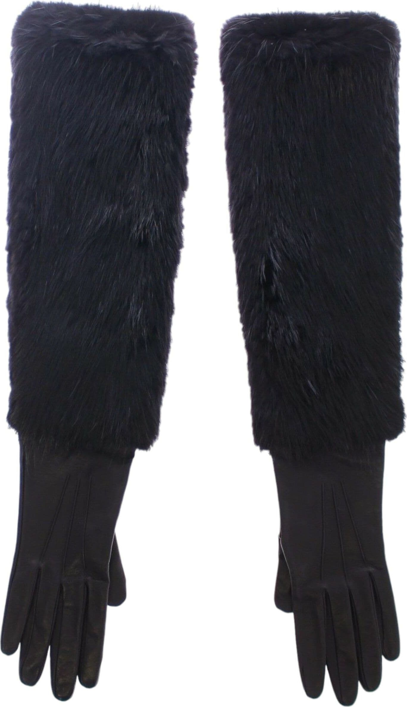 Black Beaver Fur Lambskin Leather Elbow Gloves - 2