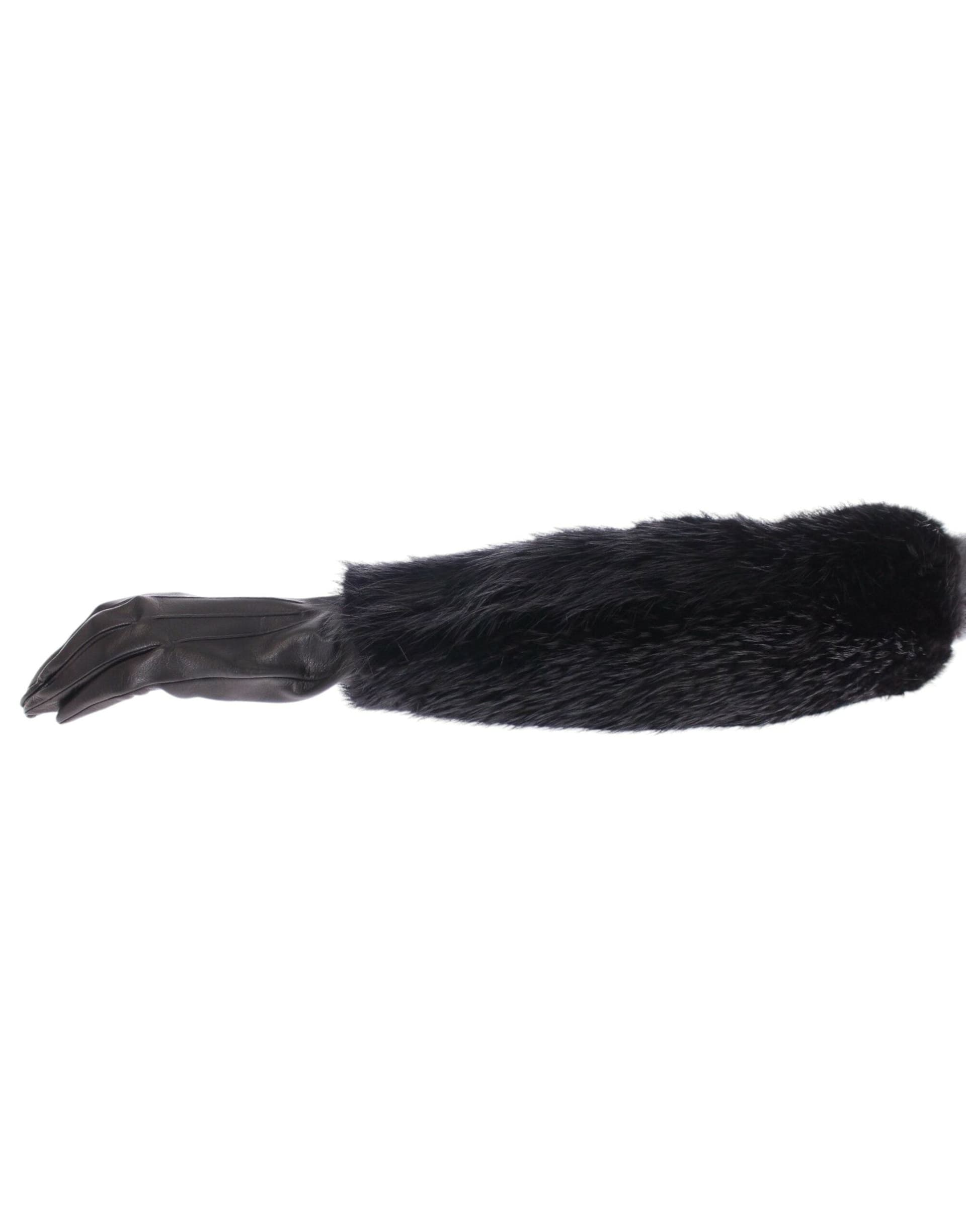 Black Beaver Fur Lambskin Leather Elbow Gloves - 4