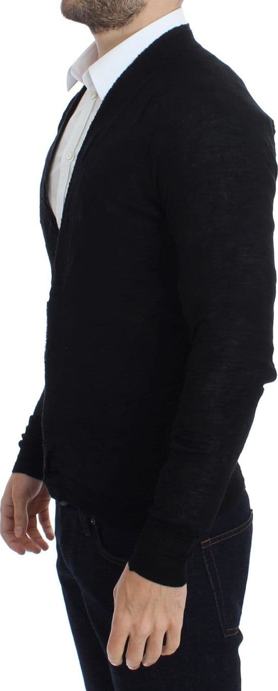 Black Fine Wool Button Cardigan - 2