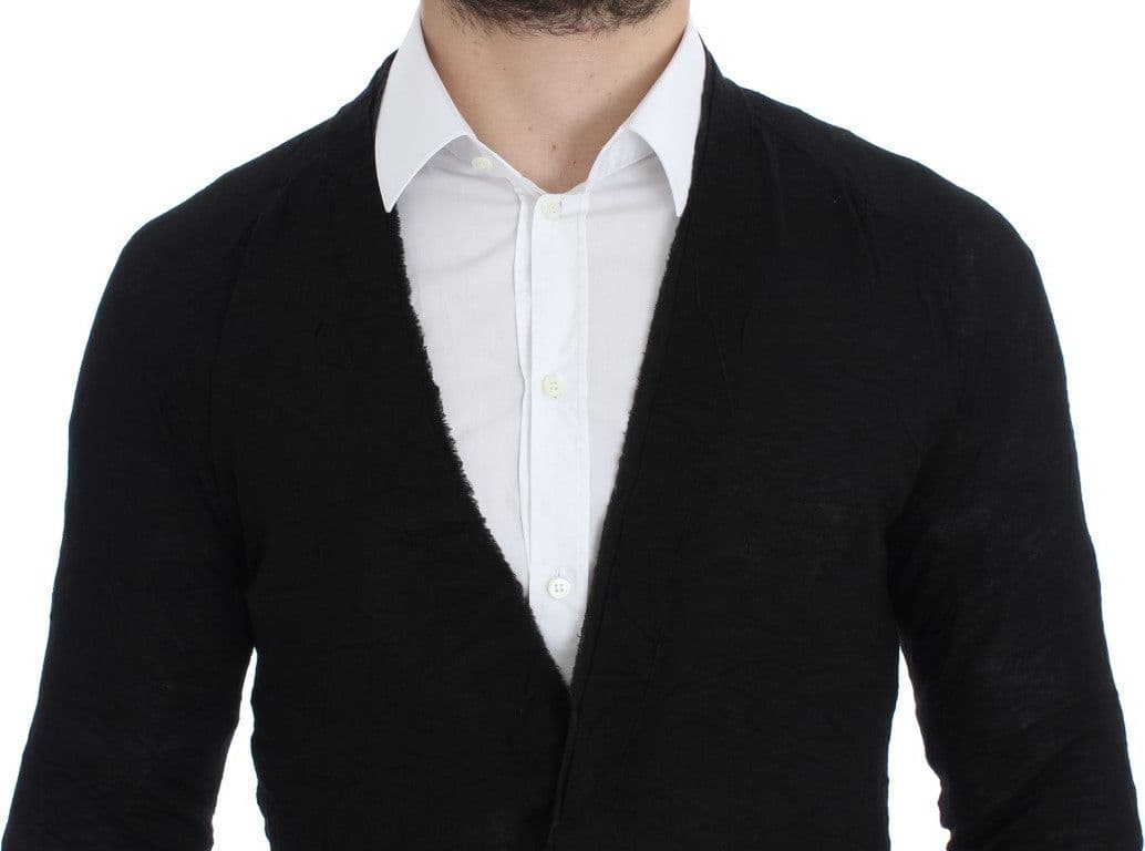 Black Fine Wool Button Cardigan - 5
