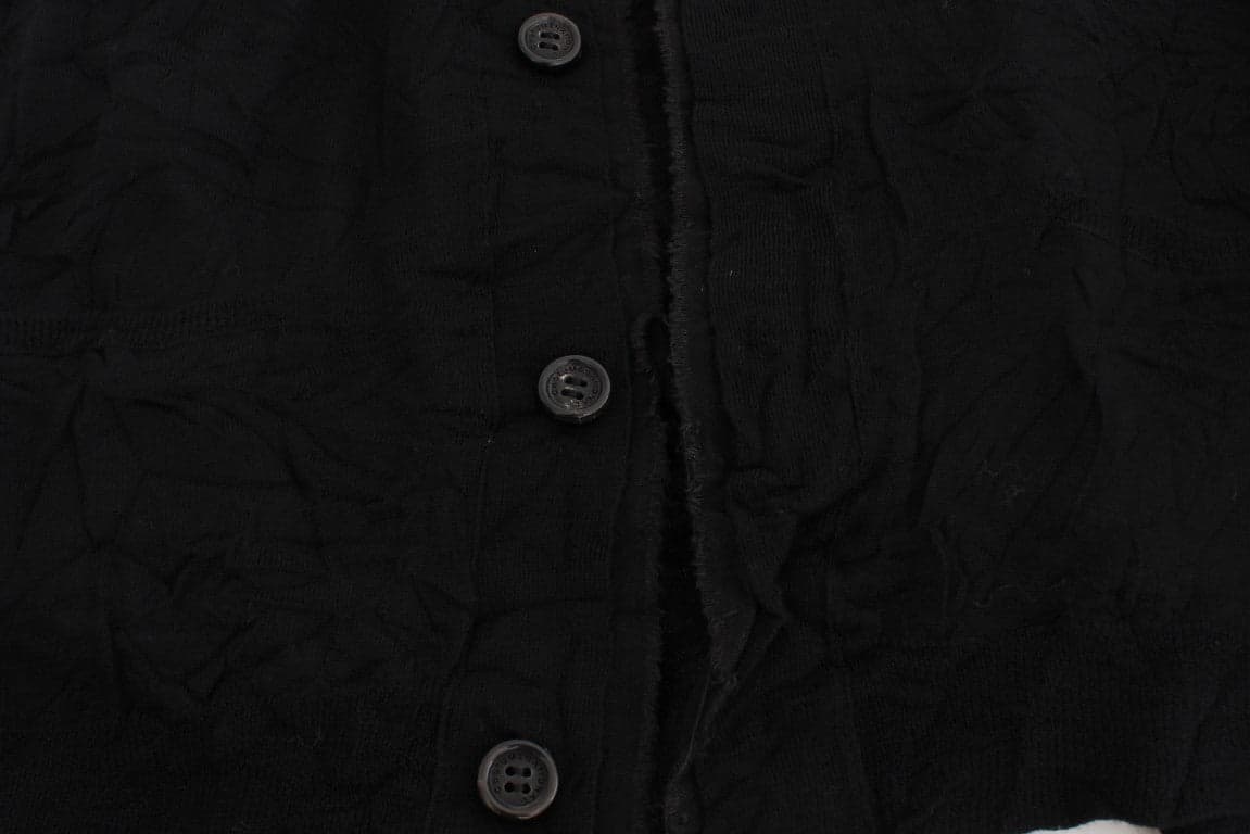 Black Fine Wool Button Cardigan - 6