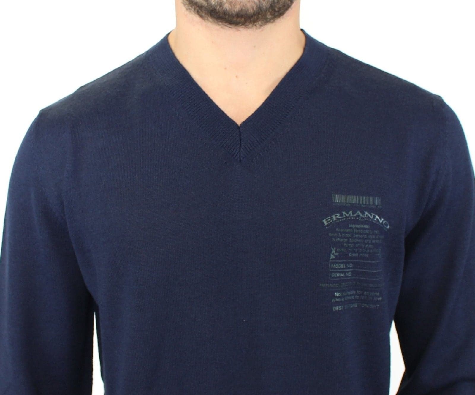 Blue Wool Blend V-neck Pullover Sweater - 5