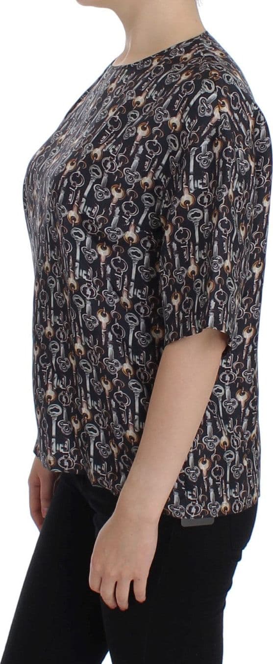 Gray Gold Key Print Silk Blouse T-shirt - 2