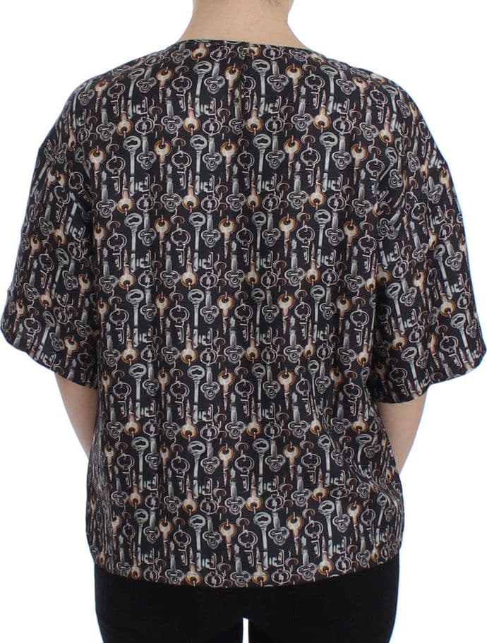 Gray Gold Key Print Silk Blouse T-shirt - 3
