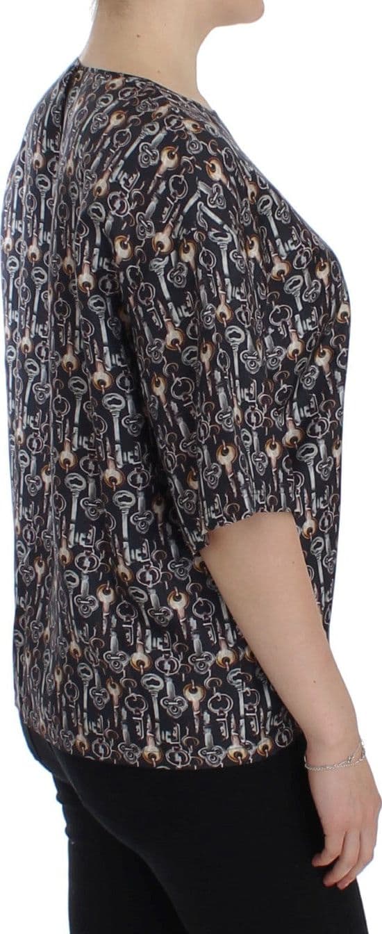 Gray Gold Key Print Silk Blouse T-shirt - 4