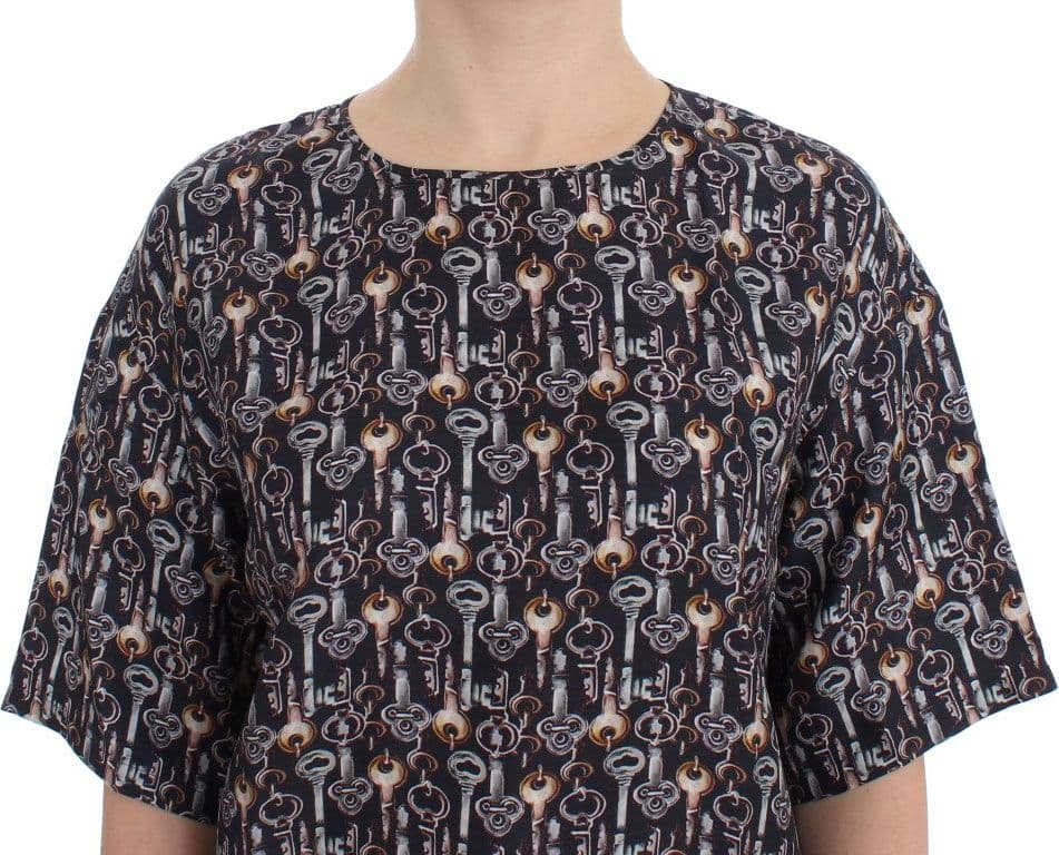 Gray Gold Key Print Silk Blouse T-shirt - 7