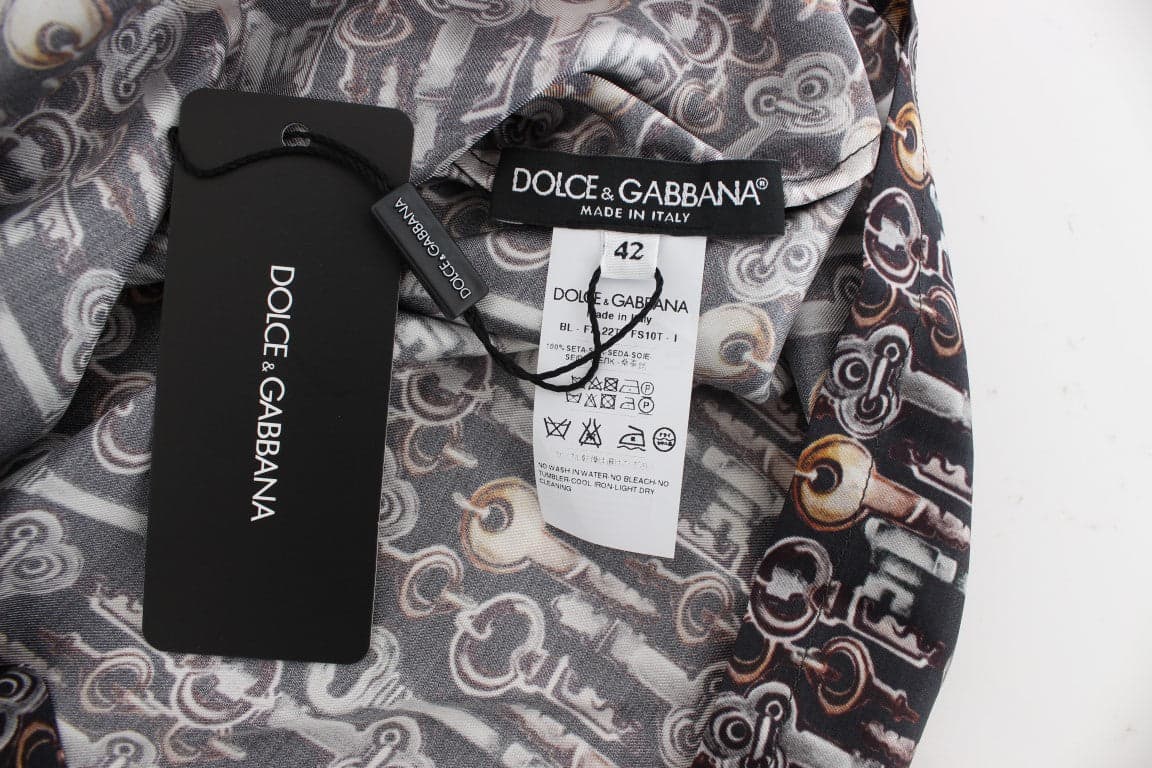 Gray Gold Key Print Silk Blouse T-shirt - 5