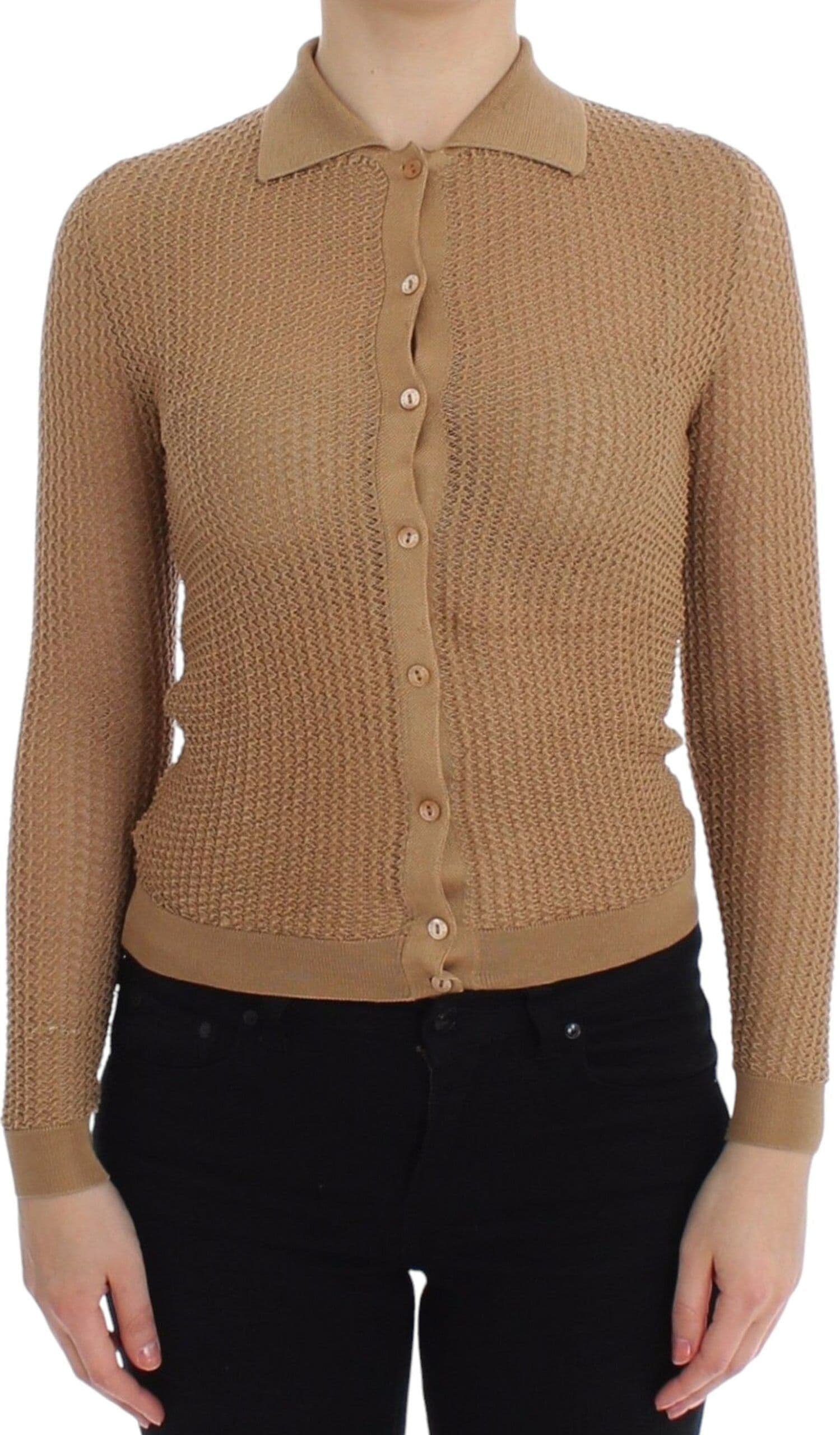 Beige Knitted Cotton Polo Cardigan Sweater
