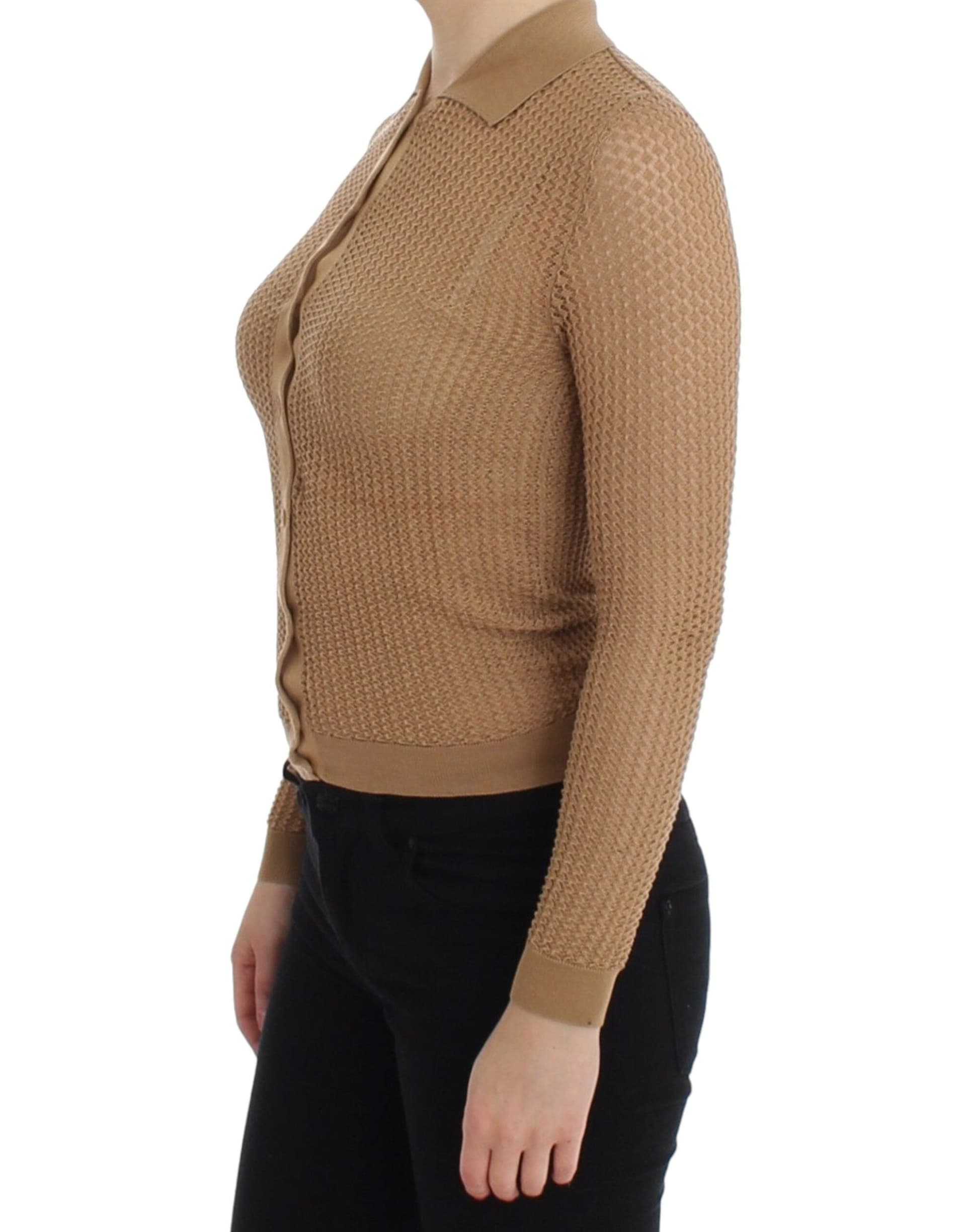 Beige Knitted Cotton Polo Cardigan Sweater - 2