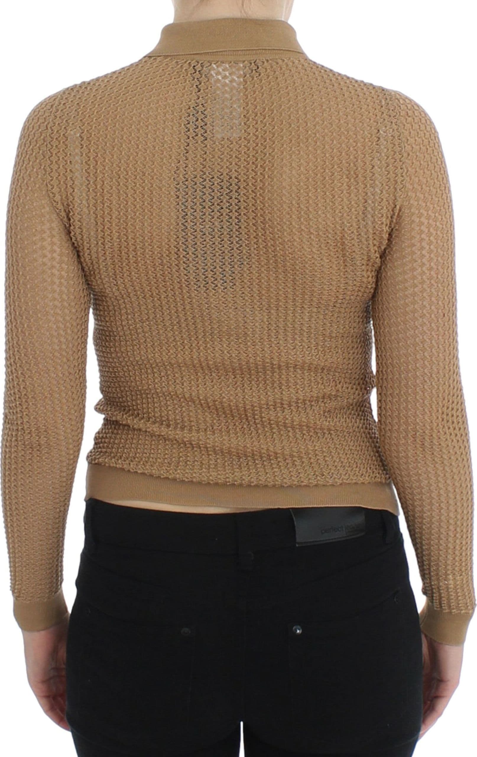 Beige Knitted Cotton Polo Cardigan Sweater - 3