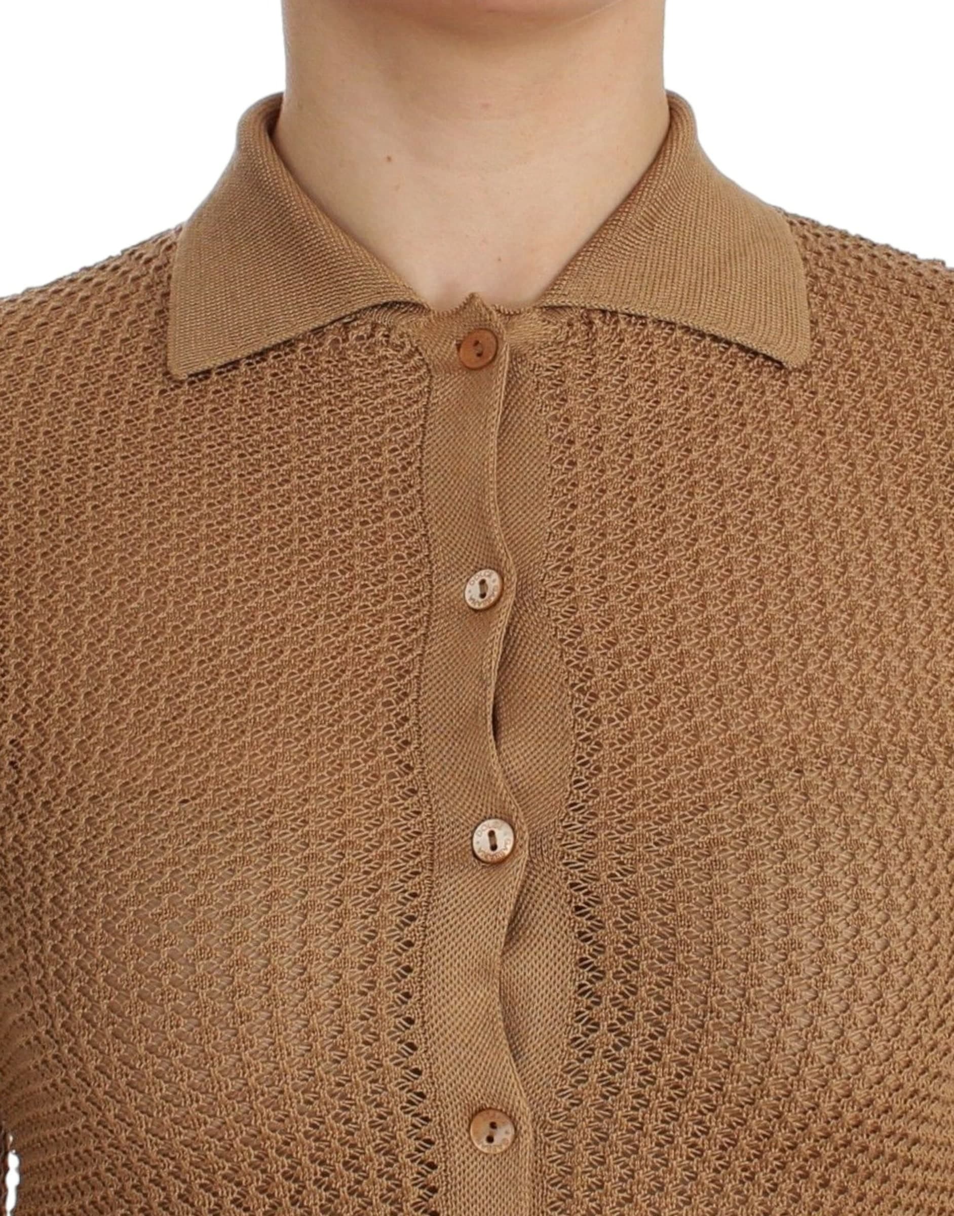 Beige Knitted Cotton Polo Cardigan Sweater - 5