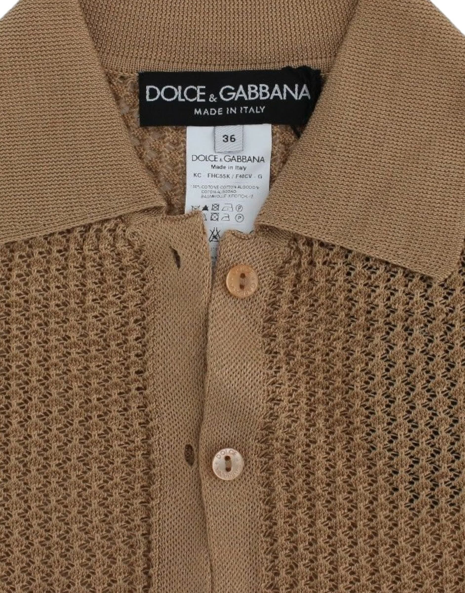 Beige Knitted Cotton Polo Cardigan Sweater - 6
