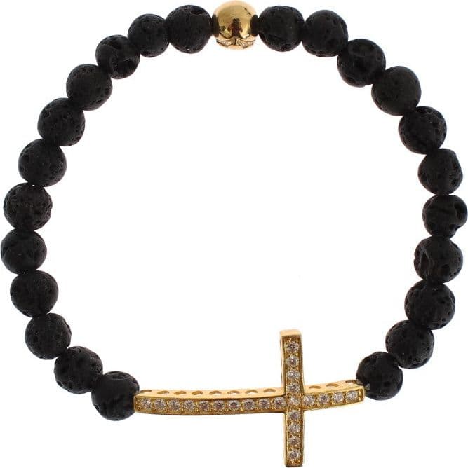 Lava Stone Gold Clear CZ Cross 925 Silver Bracelet