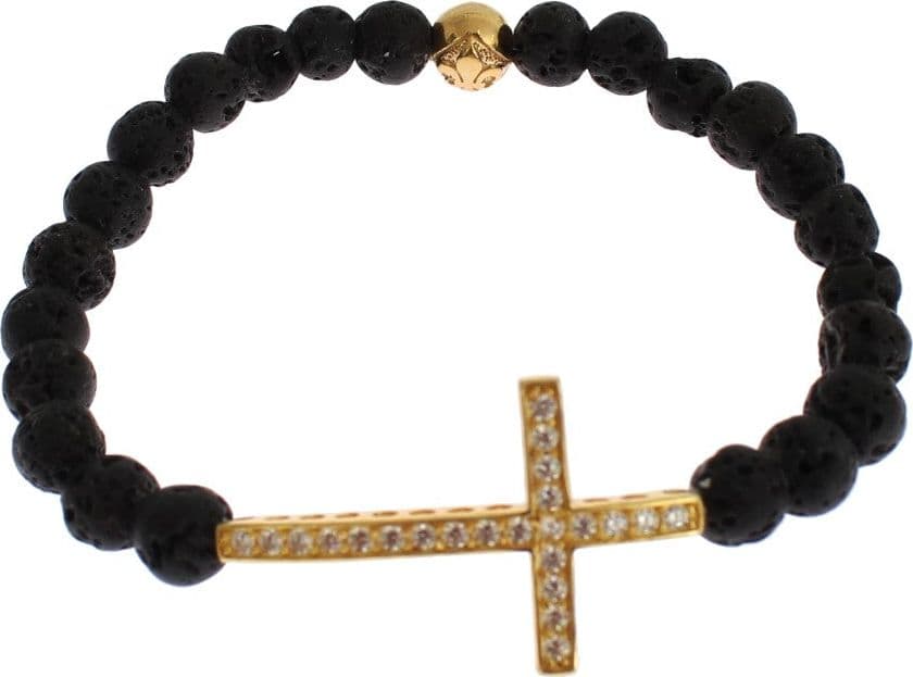 Lava Stone Gold Clear CZ Cross 925 Silver Bracelet - 2