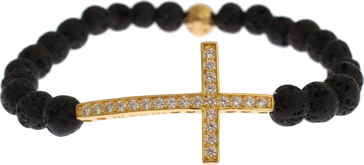 Lava Stone Gold Clear CZ Cross 925 Silver Bracelet - 3