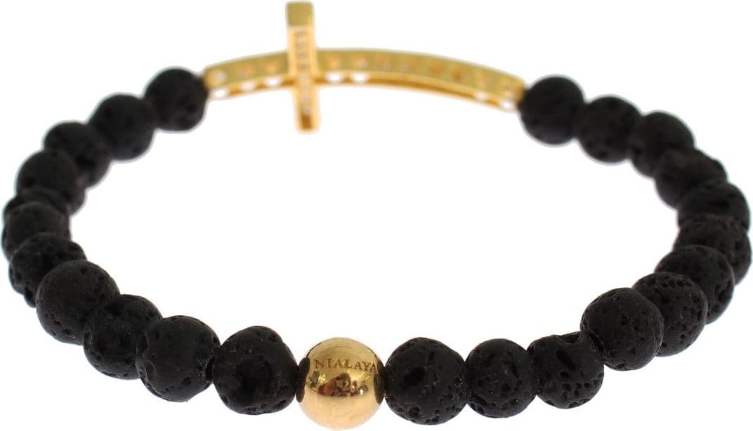 Lava Stone Gold Clear CZ Cross 925 Silver Bracelet - 4