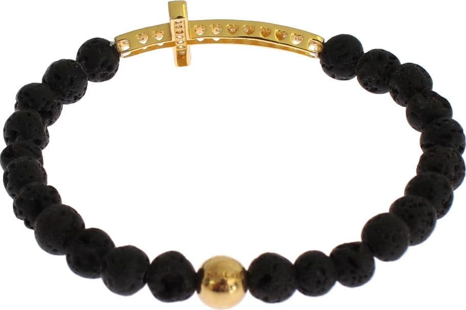 Lava Stone Gold Clear CZ Cross 925 Silver Bracelet - 5