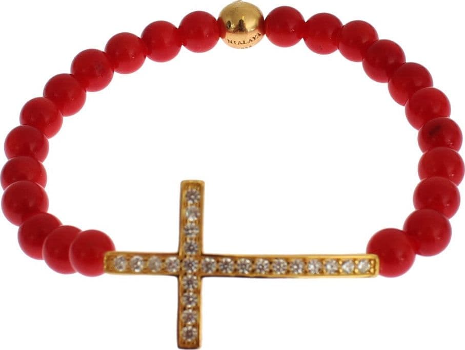 Red Coral Gold CZ Cross 925 Silver Bracelet - 2
