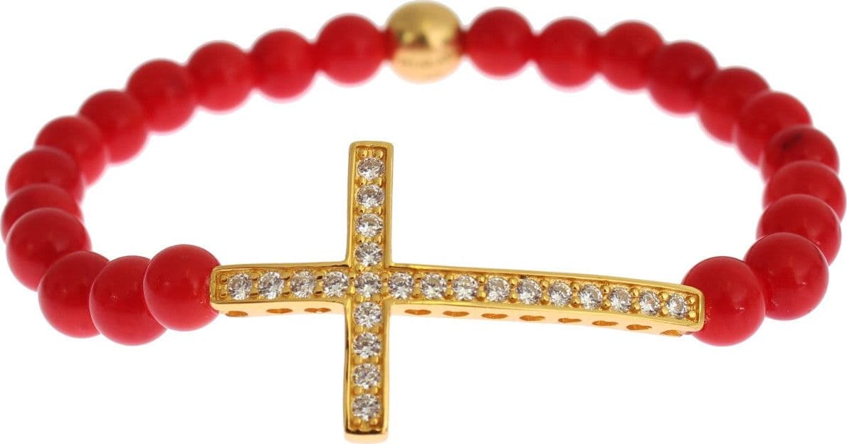 Red Coral Gold CZ Cross 925 Silver Bracelet - 3
