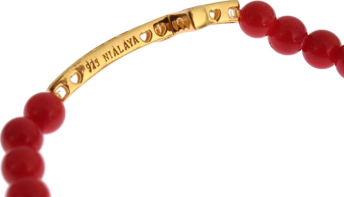 Red Coral Gold CZ Cross 925 Silver Bracelet - 4