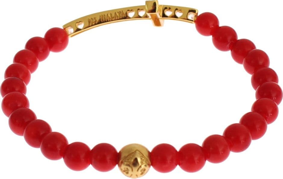 Red Coral Gold CZ Cross 925 Silver Bracelet - 5