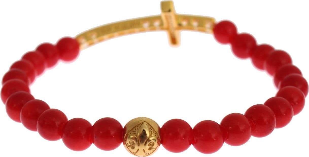 Red Coral Gold CZ Cross 925 Silver Bracelet - 6