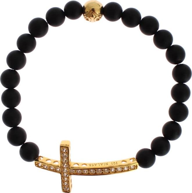Matte Onyx Stone Gold CZ Cross 925 Silver Bracelet