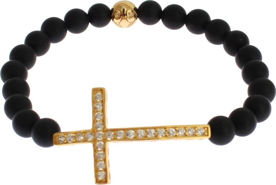 Matte Onyx Stone Gold CZ Cross 925 Silver Bracelet - 2
