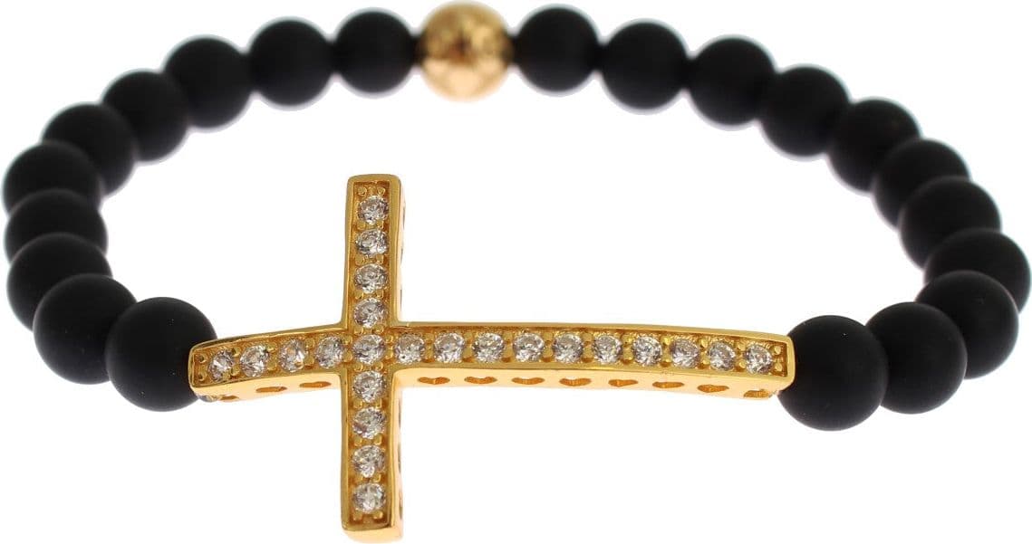 Matte Onyx Stone Gold CZ Cross 925 Silver Bracelet - 3