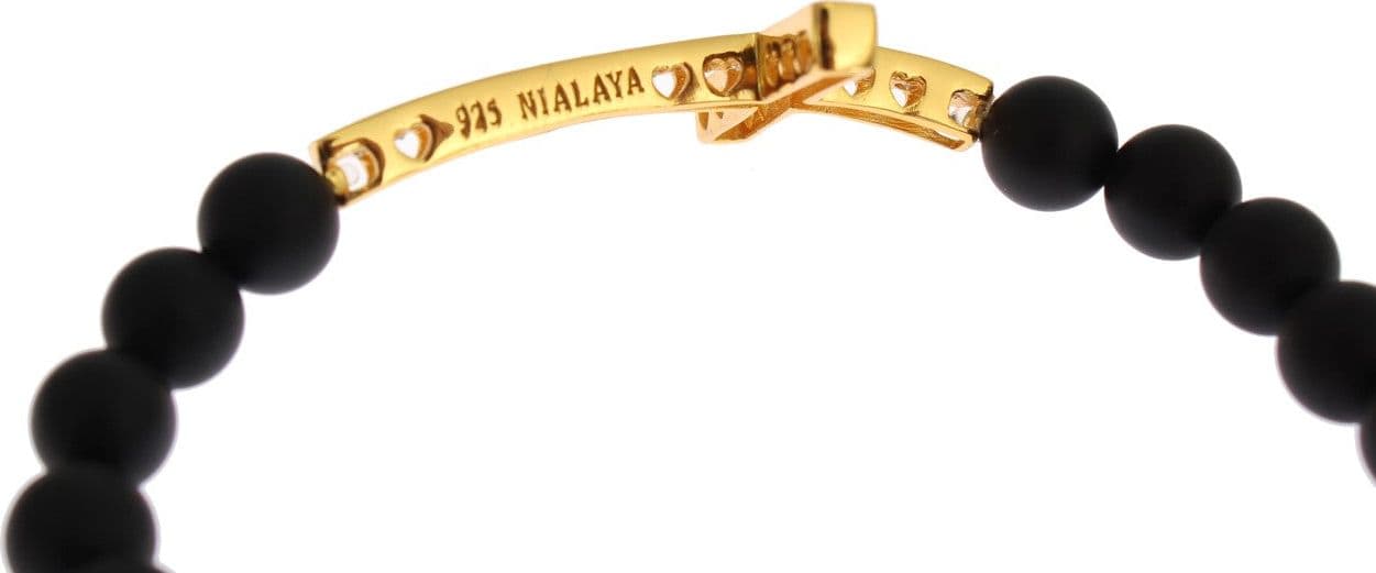 Matte Onyx Stone Gold CZ Cross 925 Silver Bracelet - 4