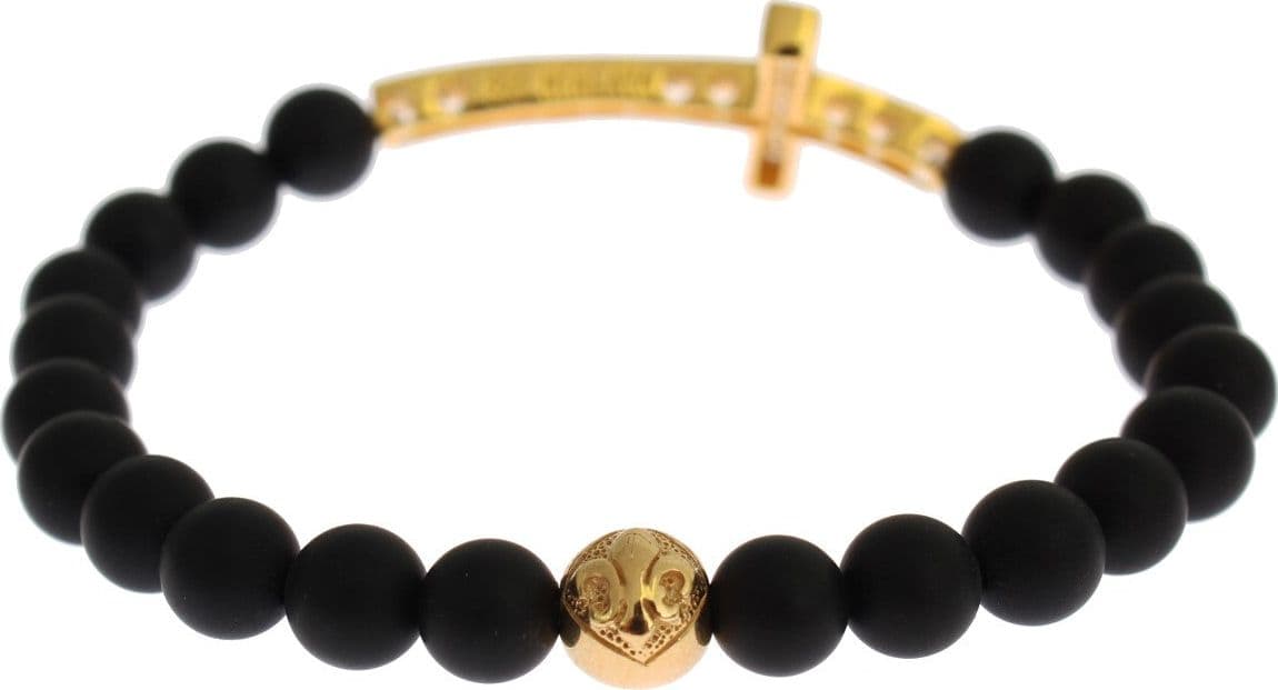 Matte Onyx Stone Gold CZ Cross 925 Silver Bracelet - 5