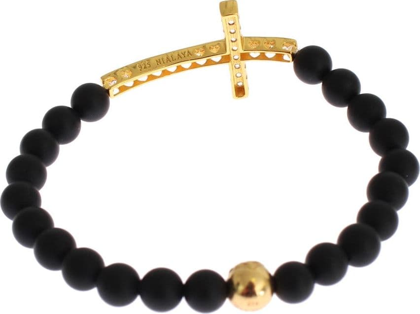 Matte Onyx Stone Gold CZ Cross 925 Silver Bracelet - 7