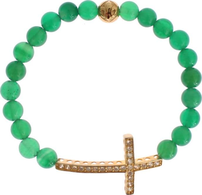 Jade Stone Gold CZ Cross 925 Silver Bracelet