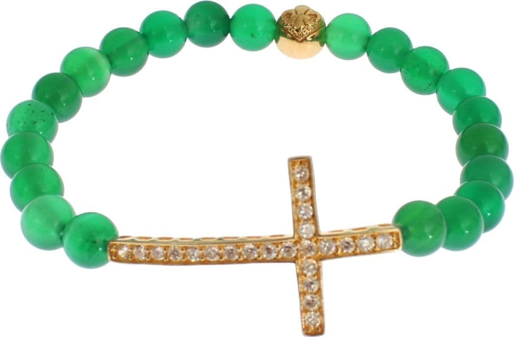 Jade Stone Gold CZ Cross 925 Silver Bracelet - 2