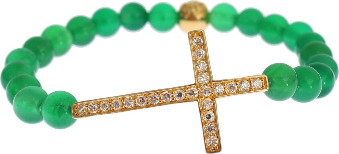 Jade Stone Gold CZ Cross 925 Silver Bracelet - 3