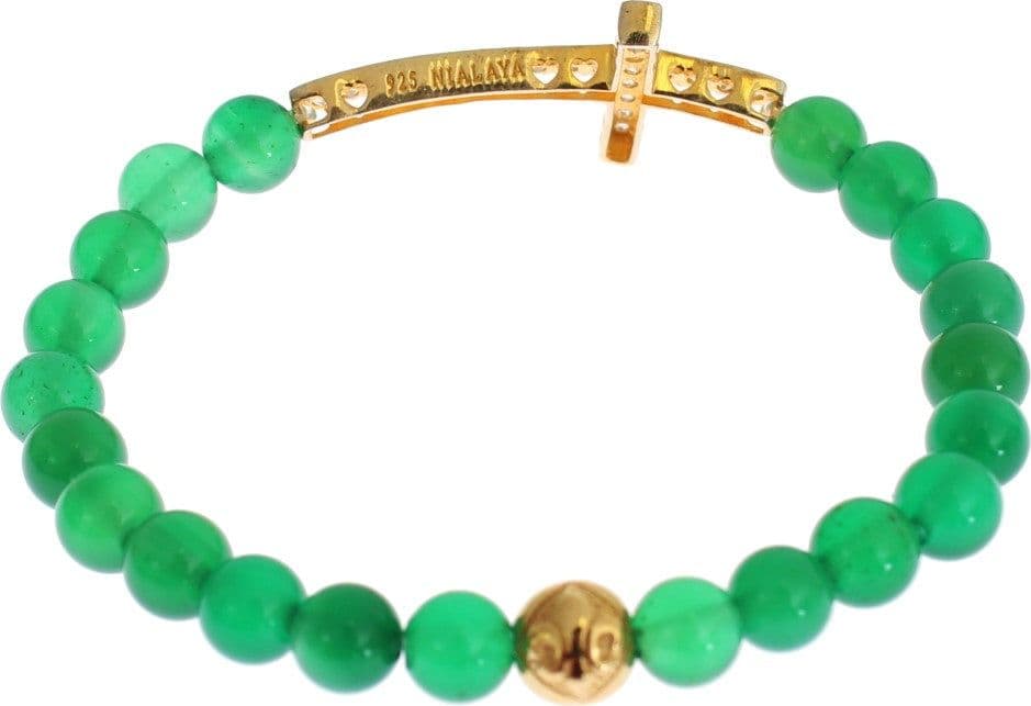 Jade Stone Gold CZ Cross 925 Silver Bracelet - 5